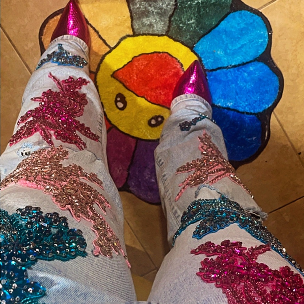 Embellished Jeans with Pink and Blue Accents